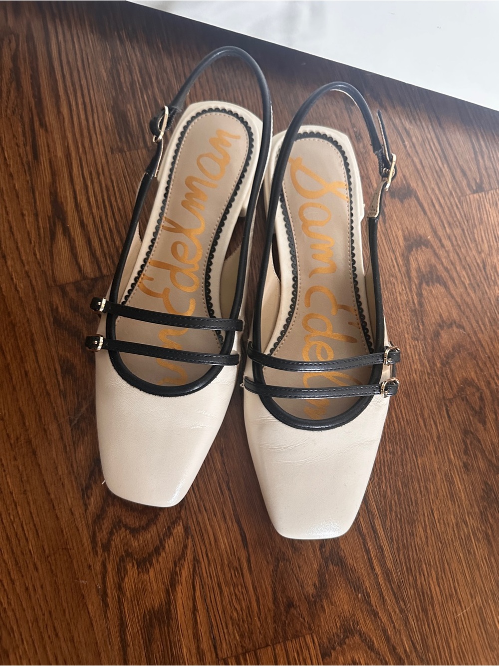 Sam Edelman Cream and Black Leather Square-Toe Slingback Flats